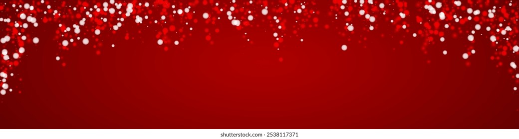 Magic falling snow christmas background. Subtle flying snow flakes and stars on christmas red background. Magic falling snow holiday scenery.   Panoramic vector illustration.