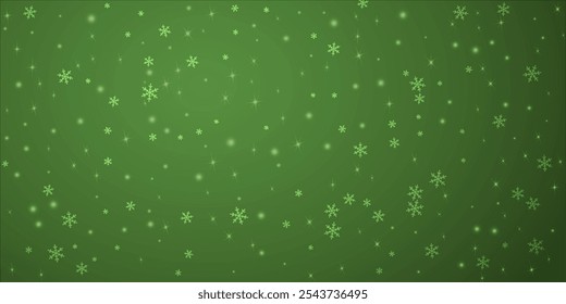 Magic falling snow christmas background. Subtle flying snow flakes and stars on christmas green background. Magic falling snow holiday scenery.   Wide vector illustration.