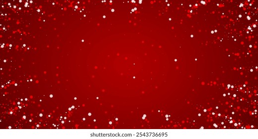 Magic falling snow christmas background. Subtle flying snow flakes and stars on christmas red background. Magic falling snow holiday scenery.   Wide vector illustration.