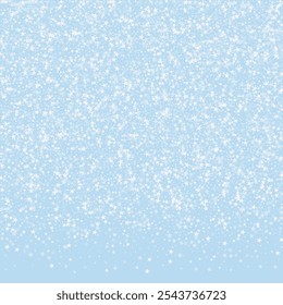 Magic falling snow christmas background. Subtle flying snow flakes and stars on light blue winter backdrop. Magic falling snow holiday scenery.   Square vector illustration.