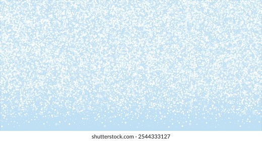 Magic falling snow christmas background. Subtle flying snow flakes and stars on light blue winter backdrop. Magic falling snow holiday scenery. Wide vector illustration.