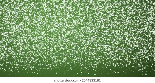 Magic falling snow christmas background. Subtle flying snow flakes and stars on christmas green background. Magic falling snow holiday scenery. Wide vector illustration.