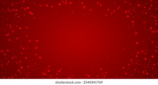 Magic falling snow christmas background. Subtle flying snow flakes and stars on christmas red background. Magic falling snow holiday scenery.   Wide vector illustration.