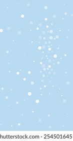 Magic falling snow christmas background. Subtle flying snow flakes and stars on light blue winter backdrop. Magic falling snow holiday scenery.   Vertical vector illustration.