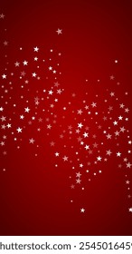 Magic falling snow christmas background. Subtle flying snow flakes and stars on christmas red background. Magic falling snow holiday scenery.   Vertical vector illustration.