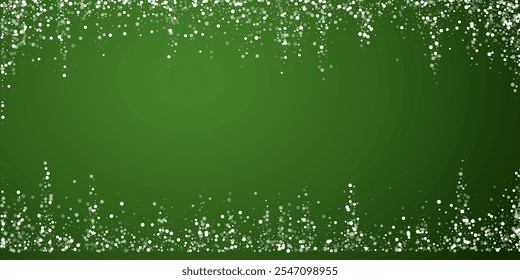 Magic falling snow christmas background. Subtle flying snow flakes and stars on christmas green background. Magic falling snow holiday scenery.   Wide vector illustration.