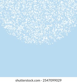 Magic falling snow christmas background. Subtle flying snow flakes and stars on light blue winter backdrop. Magic falling snow holiday scenery.   Square vector illustration.