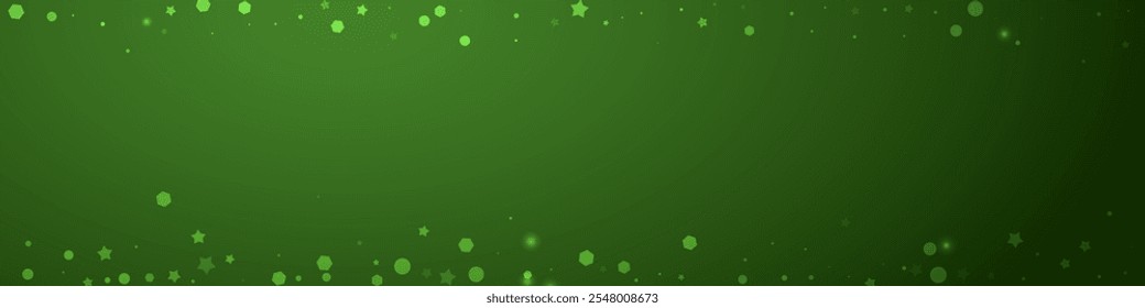 Magic falling snow christmas background. Subtle flying snow flakes and stars on christmas green background. Magic falling snow holiday scenery.   Panoramic vector illustration.