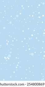 Magic falling snow christmas background. Subtle flying snow flakes and stars on light blue winter backdrop. Magic falling snow holiday scenery.   Vertical vector illustration.