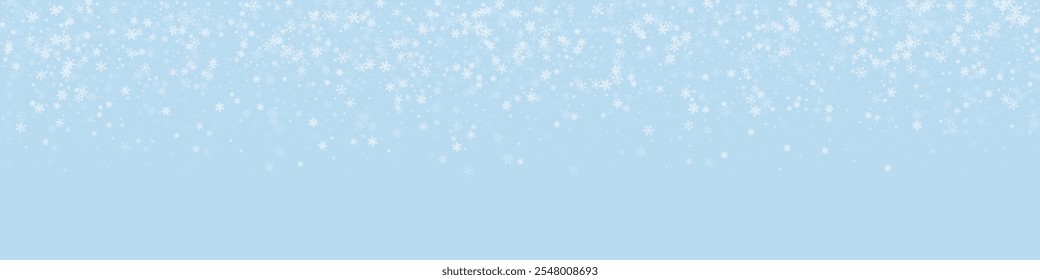 Magic falling snow christmas background. Subtle flying snow flakes and stars on light blue winter backdrop. Magic falling snow holiday scenery.   Panoramic vector illustration.