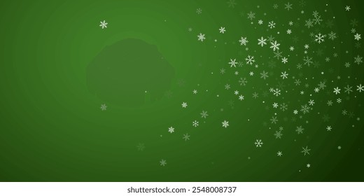 Magic falling snow christmas background. Subtle flying snow flakes and stars on christmas green background. Magic falling snow holiday scenery.   Wide vector illustration.