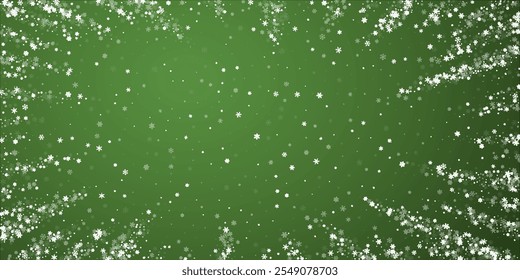 Magic falling snow christmas background. Subtle flying snow flakes and stars on christmas green background. Magic falling snow holiday scenery.   Wide vector illustration.