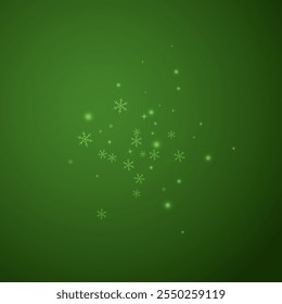 Magic falling snow christmas background. Subtle flying snow flakes and stars on christmas green background. Magic falling snow holiday scenery.   Square vector illustration.