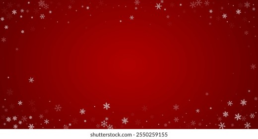 Magic falling snow christmas background. Subtle flying snow flakes and stars on christmas red background. Magic falling snow holiday scenery.   Wide vector illustration.