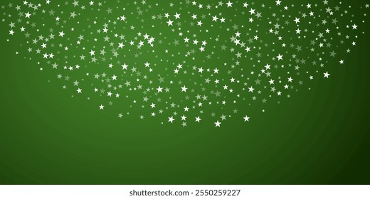 Magic falling snow christmas background. Subtle flying snow flakes and stars on christmas green background. Magic falling snow holiday scenery.   Wide vector illustration.