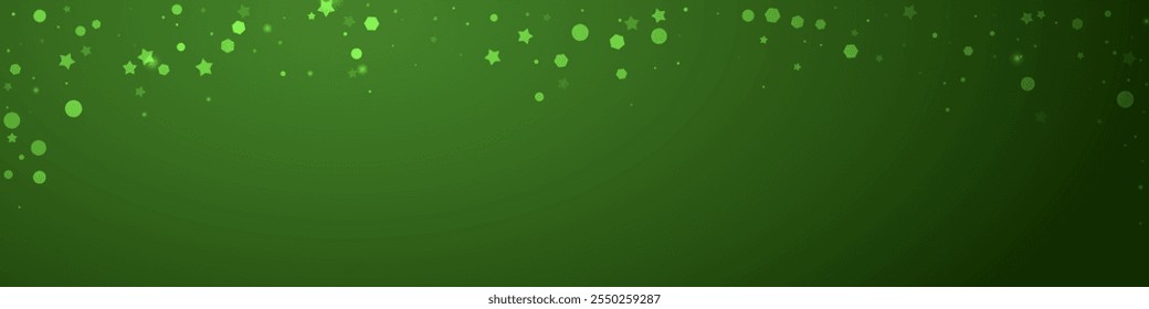 Magic falling snow christmas background. Subtle flying snow flakes and stars on christmas green background. Magic falling snow holiday scenery.   Panoramic vector illustration.