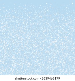 Magic falling snow christmas background. Subtle flying snow flakes and stars on light blue winter backdrop. Magic falling snow holiday scenery. Square vector illustration.