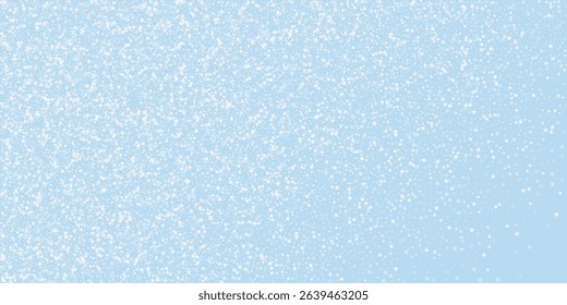 Magic falling snow christmas background. Subtle flying snow flakes and stars on light blue winter backdrop. Magic falling snow holiday scenery. Wide vector illustration.