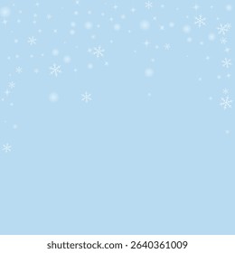 Magic falling snow christmas background. Subtle flying snow flakes and stars on light blue winter backdrop. Magic falling snow holiday scenery.   Square vector illustration.