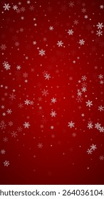 Magic falling snow christmas background. Subtle flying snow flakes and stars on christmas red background. Magic falling snow holiday scenery.   Vertical vector illustration.