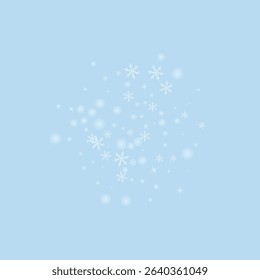 Magic falling snow christmas background. Subtle flying snow flakes and stars on light blue winter backdrop. Magic falling snow holiday scenery.   Square vector illustration.