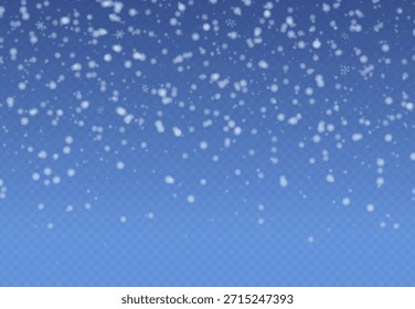 Superposición mágica de Navidades de nieve. Sutiles copos de nieve voladores sobre fondo azul de invierno. Paisaje de vacaciones de nieve que cae mágico. Ilustración vectorial Horizontal.