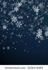 Diseño mágico de copos de nieve caída. Polvo de nieve congelado Elementos. Patrón azul blanco del cielo de la nevada. Tema de febrero de copos de nieve suaves. Paisaje de la naturaleza de la nieve.