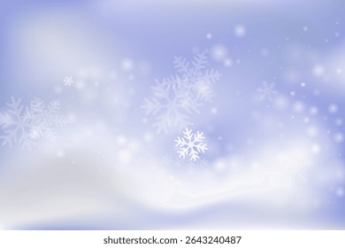Magic falling snow flakes illustration. Snowstorm dust frozen elements. Snowfall sky white blue backdrop. Fuzzy snowflakes new year vector. Snow cold season landscape.