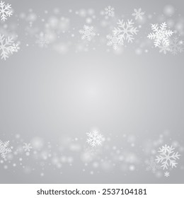 Magic falling snowflakes background. Wintertime speck frozen elements. Snowfall sky white gray backdrop. Filigree snowflakes new year texture. Snow hurricane landscape.