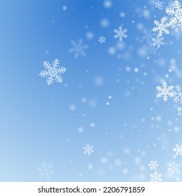 Magic falling snowflakes design. Wintertime speck freeze shapes. Snowfall sky white blue pattern. Scattered snowflakes new year vector. Snow cold season landscape.
