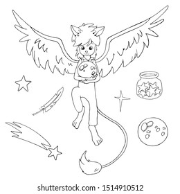 Magic fantastic anthropomorphic creature with wings and tale. Holding the moon in his hands. Set of black and white vector illustrations for coloring book.
