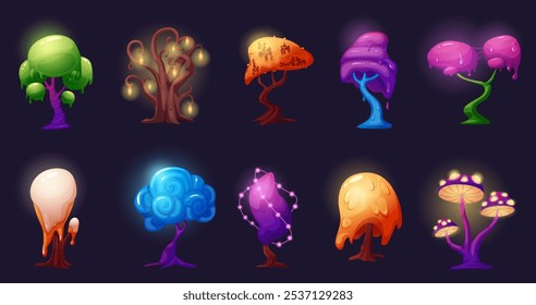 Magic fantastic tree. Fantasy tree, venomous plants from alien planet. Fairytale nature from slime, with shine lights elements, nowaday vector set