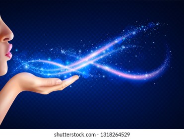 Magic fantasy background with woman blowing glowing lights from her hand realistic background vector illustration