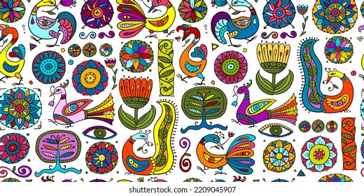 Magic fantasy birds and flowers. Vintage seamless pattern background for your design. Vector illustration