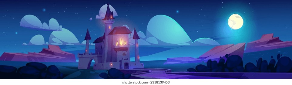 Magisches Fantasy-Schloss am Abend Vektorgrafik märchenhaften Hintergrund. Märchengeschmack mittelalterlichen Prinzessin Palast mit Straße. Gotisches Reihenhaus über Vollmondlicht am Sternenhimmel. Fantastisches altes Schlossdesign