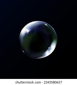 Magic fantasy colorful bubble isolated on black background. Realistic transparent soap bubble with glares.