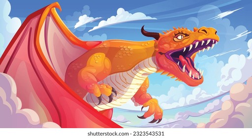 Magic fantasy dragon flying in sky cartoon vector game landscape. Beautiful and strong fairy tale monster mythology character illustration. Mythical angry beast breathing. Power of animal with wings