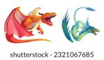 Magic fantasy dragon set for fairy tale game cartoon illustration. Isolated fly monster character clipart asset with wings in red, green and orange. Ancient mythical dinosaur drawing collection