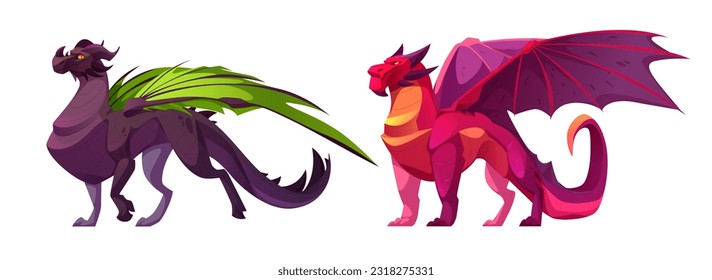 Magic fantasy dragon set for fairy tale game cartoon illustration. Isolated fly monster character clipart asset with wings in brown, green and pink. Ancient mythical dinosaur drawing collection