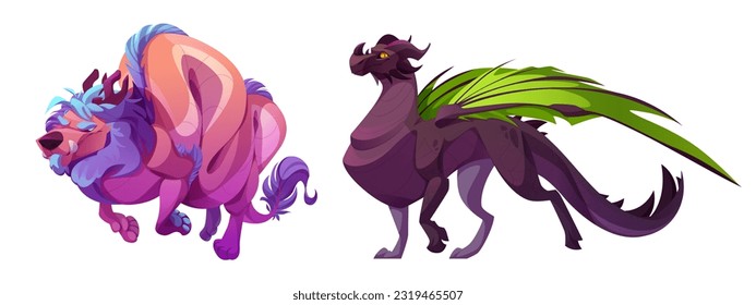 Magic fantasy dragon set for fairy tale game cartoon illustration. Isolated fly monster character clipart asset with wings in brown, green and pink. Ancient mythical dinosaur drawing collection