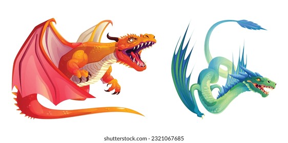 Magic fantasy dragon set for fairy tale game cartoon illustration. Isolated fly monster character clipart asset with wings in red, green and orange. Ancient mythical dinosaur drawing collection - Shutterstock ID 2321067685