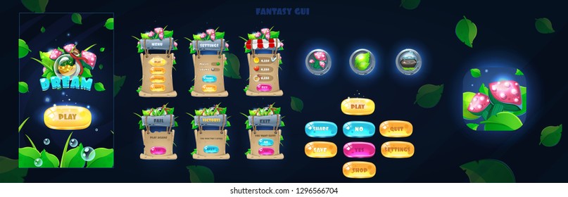 Magic fantasy Dreamy GUI. Fantasy Game User Interface. Colors magic elements, mushrooms, bottles and buttons. Magic ui for game. Vector GUI. Magic icons.