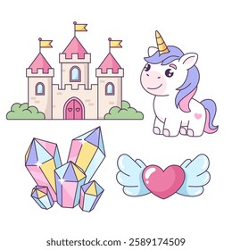 Magic, fantasy, fairy tale objects in a comic, cartoon style. Castle, unicorn, crystals, heart kawaii illustrations.