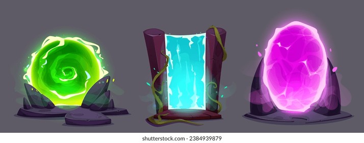 Magnífica puerta de juego con un portal brillante para viajar en el espacio y el tiempo. Ilustración vectorial de dibujos animados de puertas con jambres de piedra y madera y luminosa entrada de telepuerto con humo.