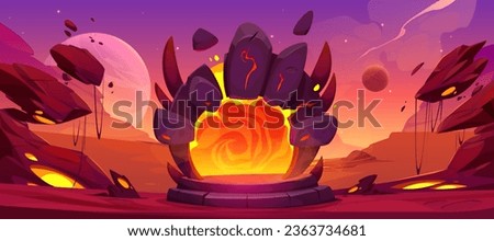 Magic fantasy game door to hell cartoon vector background. Ui teleport gate on alien planet and flying stone. Mystic adventure vortex energy entrance with arch to another dimension world backdrop
