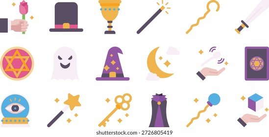 Conjunto de iconos de magia y fantasía: herramientas de mago, Objetos encantados y símbolos místicos Vector lleno