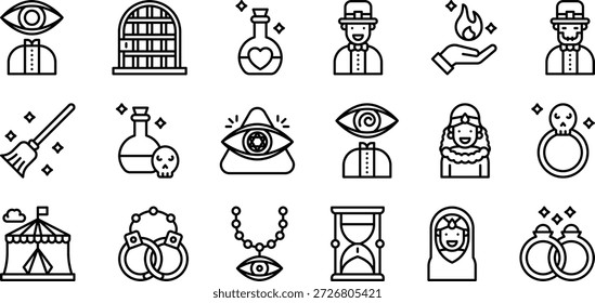Conjunto de iconos de magia y fantasía: mago, poción, símbolos místicos Vector lleno de contorno audaz