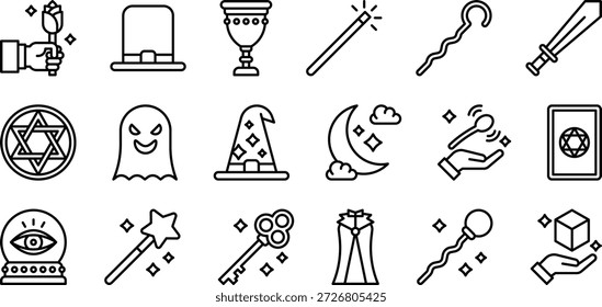 Conjunto de iconos de magia y fantasía: herramientas de mago, Objetos encantados y símbolos místicos Vector lleno