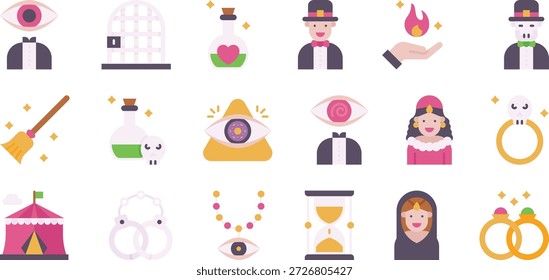 Conjunto de iconos de magia y fantasía: mago, poción, símbolos místicos Vector lleno de contorno audaz