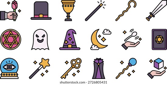 Magic and Fantasy Icons Set - Zauberwerkzeuge, verzauberte Objekte und mystische Symbole gefüllt Vektor